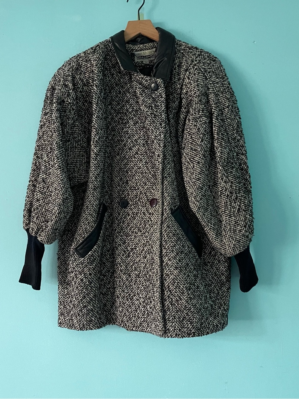 DEB Vintage Tweed Leather Collar Slouchy Mom Coat 11 Korea Balloon Sleeve Retro